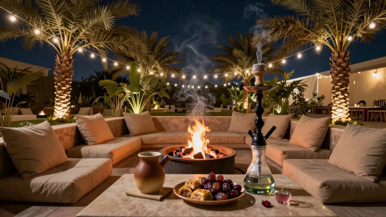 Outdoor shisha garden under stars with string lights, fire pit, and fruit platter in serene night setting.
