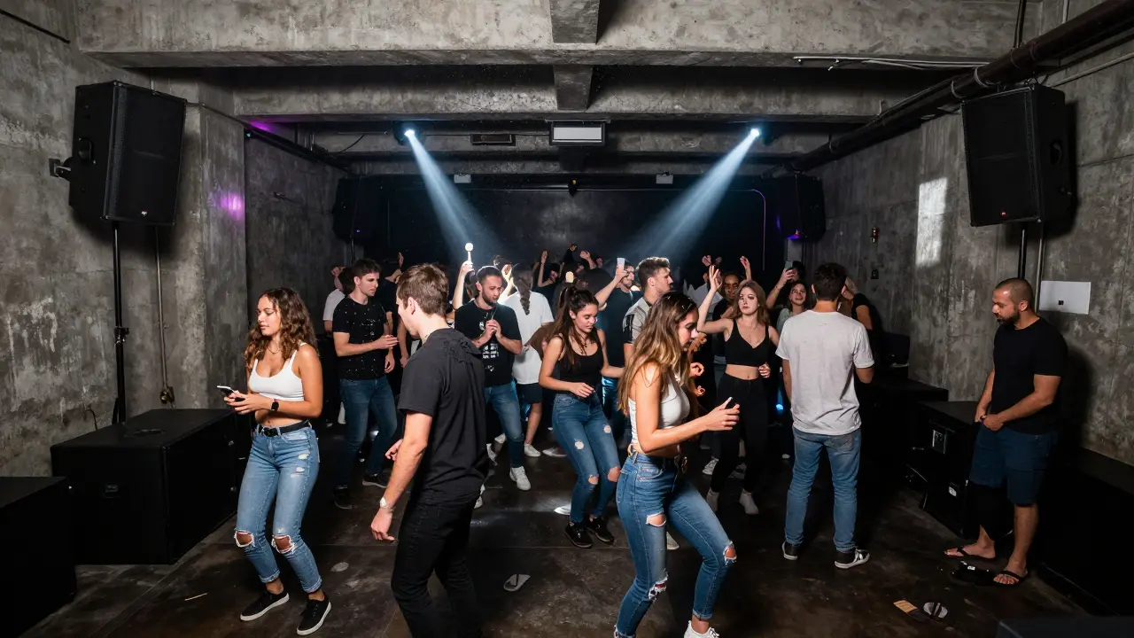 People dancing intensely in an industrial nightclub, no phones, pure movement under strobing lights.