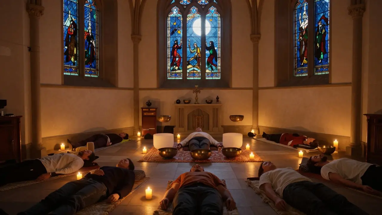 People lying on blankets in a candlelit chapel, surrounded by serene sound vibrations.