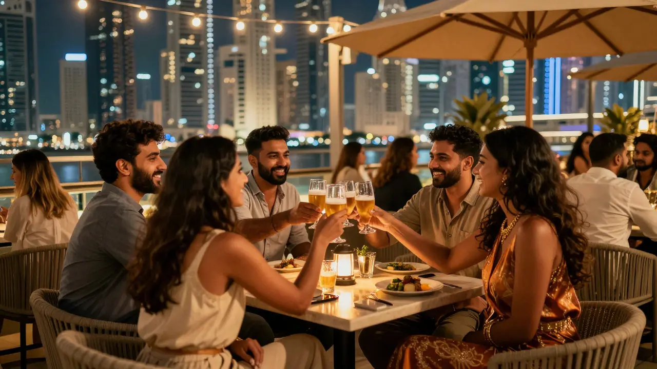 People socializing at a vibrant Abu Dhabi rooftop bar, enjoying conversation and drinks.