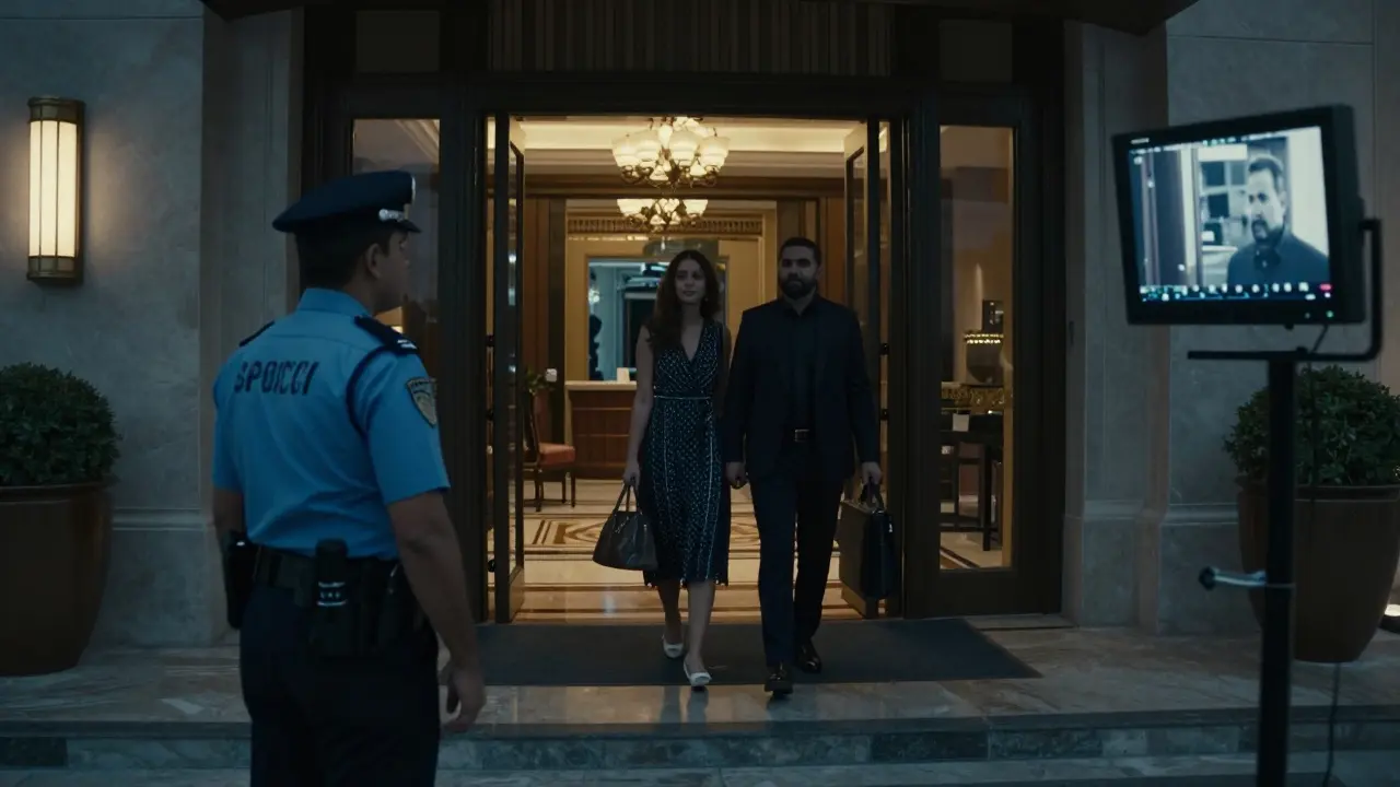 Police officer monitoring hotel entrance with security camera screen showing two people entering.