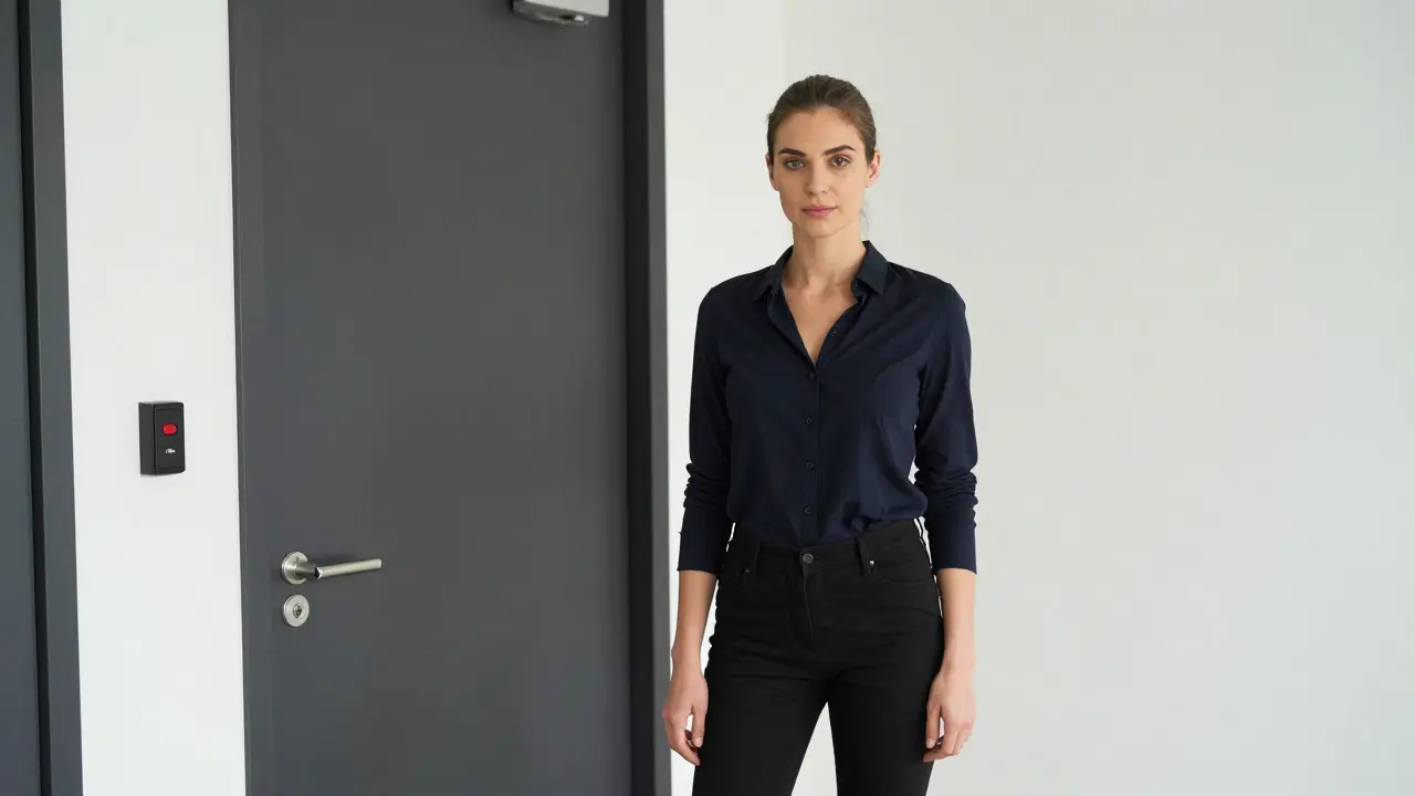 Professional escort in a secure studio with subtle safety features.