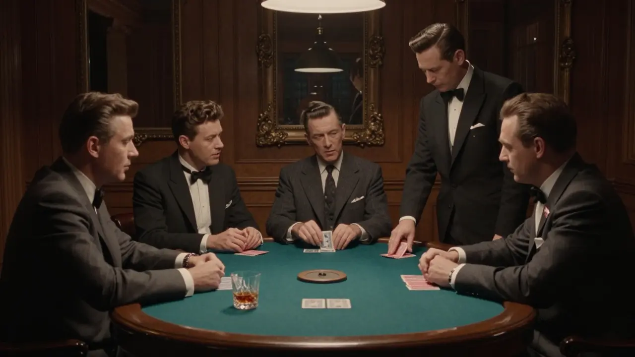 Quiet baccarat table in a dimly lit, luxurious room with focused players and a dealer in a suit.
