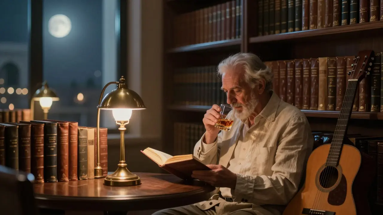 Quiet library with books, whiskey, and acoustic guitar under soft lamplight.