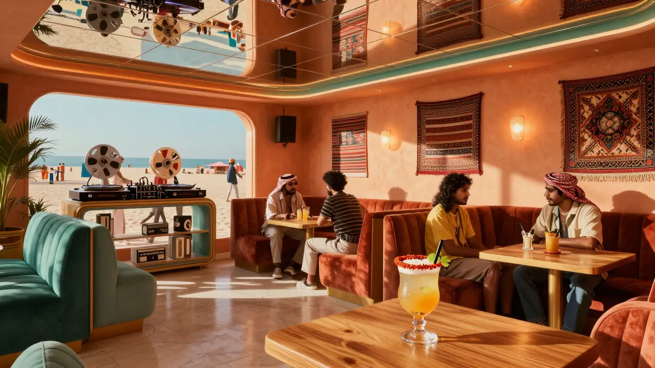 Retro-futuristic lounge with mirrored ceiling, vintage photos, and a DJ spinning reel-to-reel tapes.