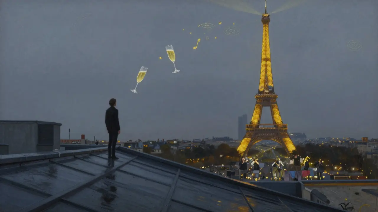 Rooftop at midnight in Paris, floating champagne flutes, Eiffel Tower seen from the side, silent musical energy.