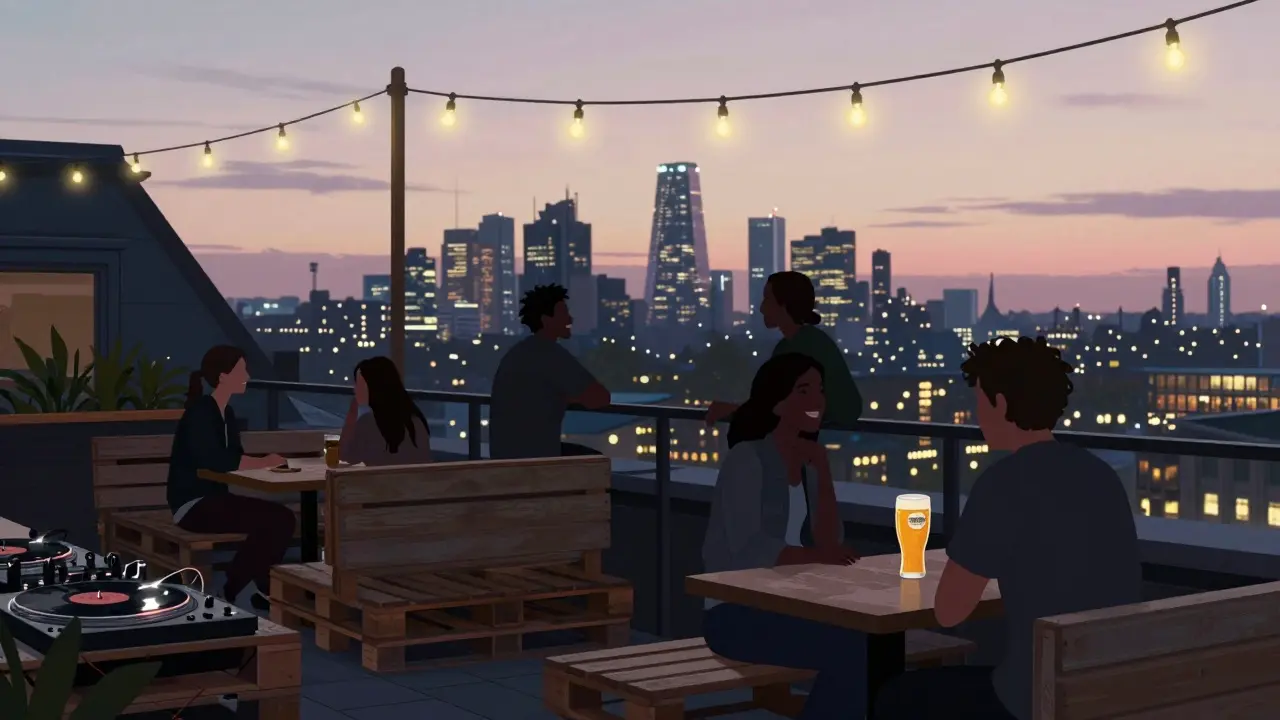 Rooftop bar at sunrise with friends overlooking London skyline, string lights and craft beer.