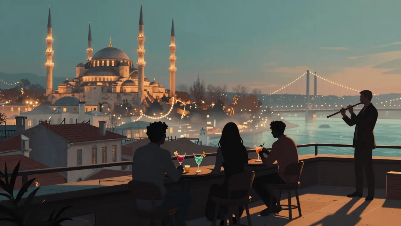 Rooftop bar in Istanbul with city lights, Bosphorus Bridge, and silhouetted guests sipping drinks.