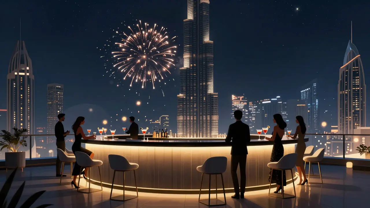 Rooftop bar with fireworks behind Burj Khalifa and stylish guests enjoying cocktails.