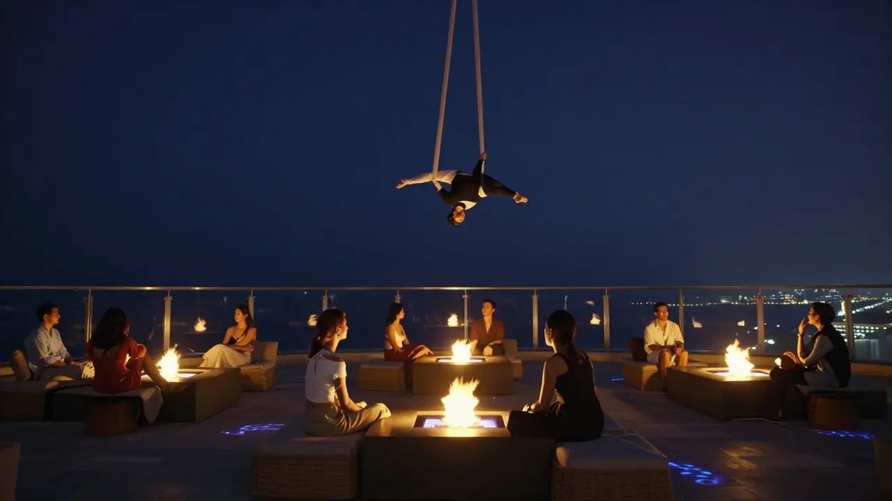 Rooftop lounge at night with an aerial acrobat performing above guests by fire pits under a starry sky.
