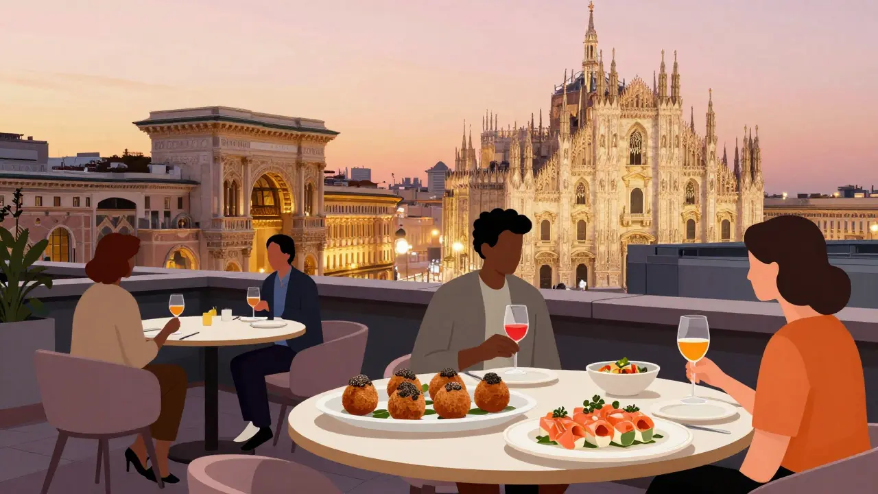 Rooftop terrace at sunset with guests enjoying cocktails and gourmet food, Duomo in background.