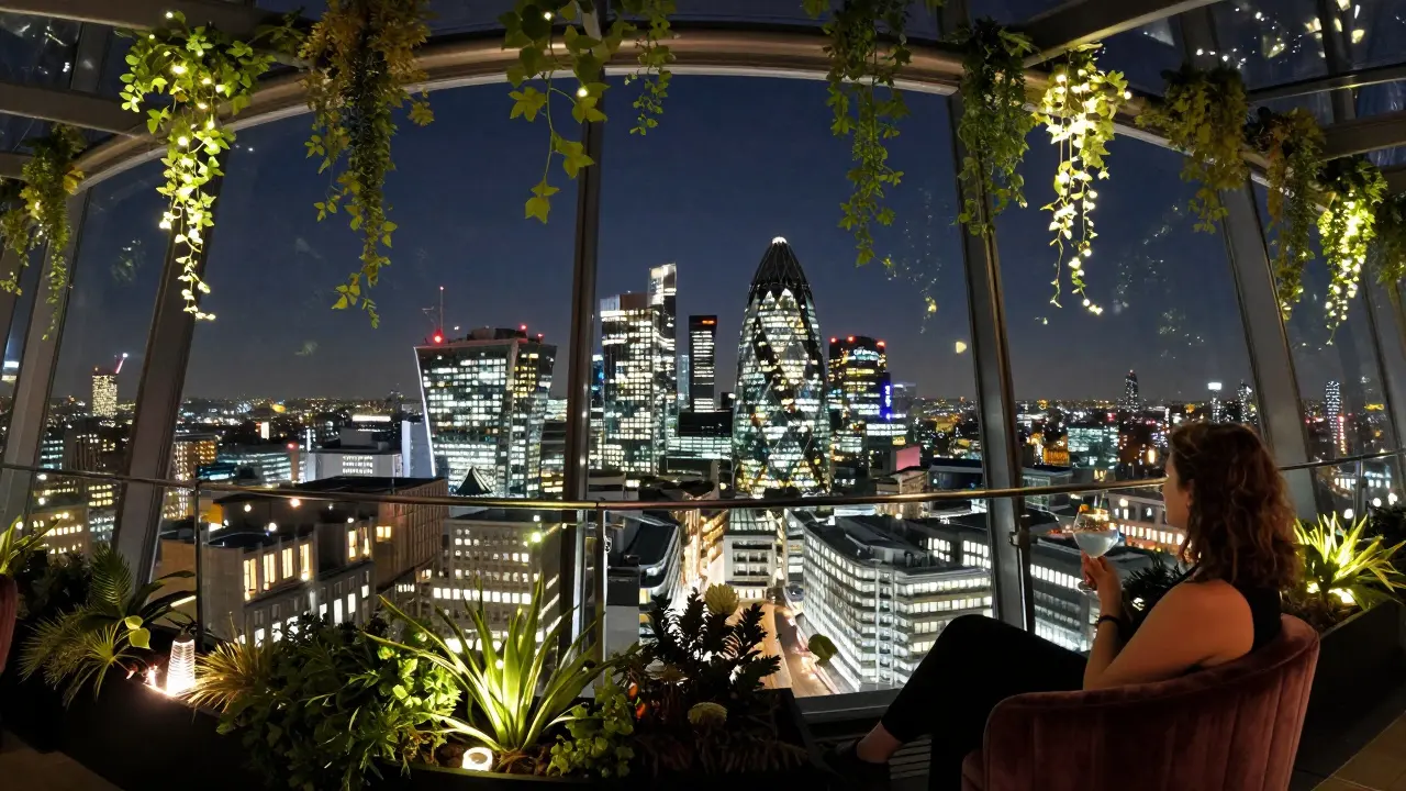 Rooftop view of London's skyline from Sky Garden at night, with botanical vines and ambient lighting.