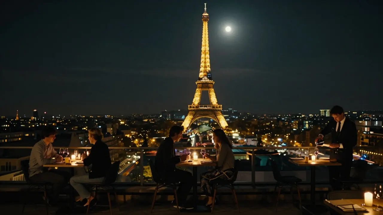 Rooftop view of Paris at night with the Eiffel Tower glowing faintly and guests enjoying wine under warm lights.