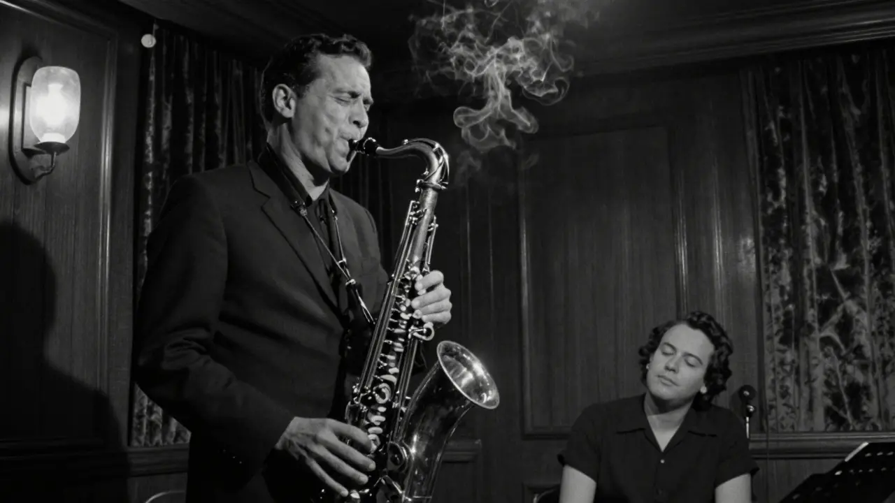 Saxophonist performing in dimly lit Jazz Club de Monaco, one listener lost in music.