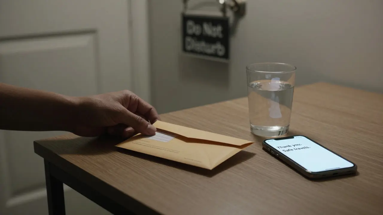 Sealed receipt and phone on a table beside water, implying a safe, respectful meeting.
