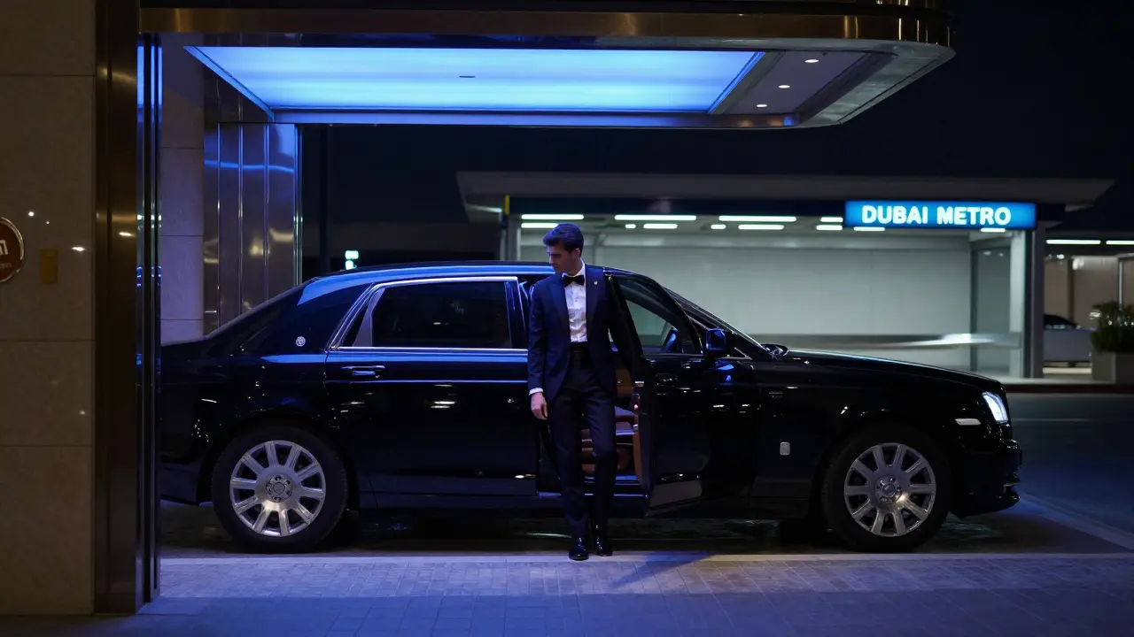 Solo traveler exiting a private car outside a luxury nightclub at night, with a distant metro station sign.