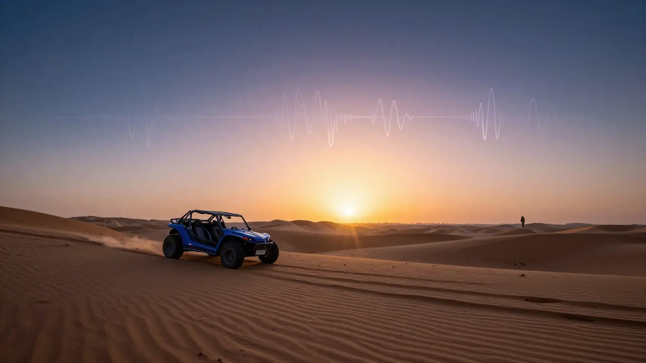 Sunrise over desert dunes after a night out, with tire tracks and fading sound waves in the sky.