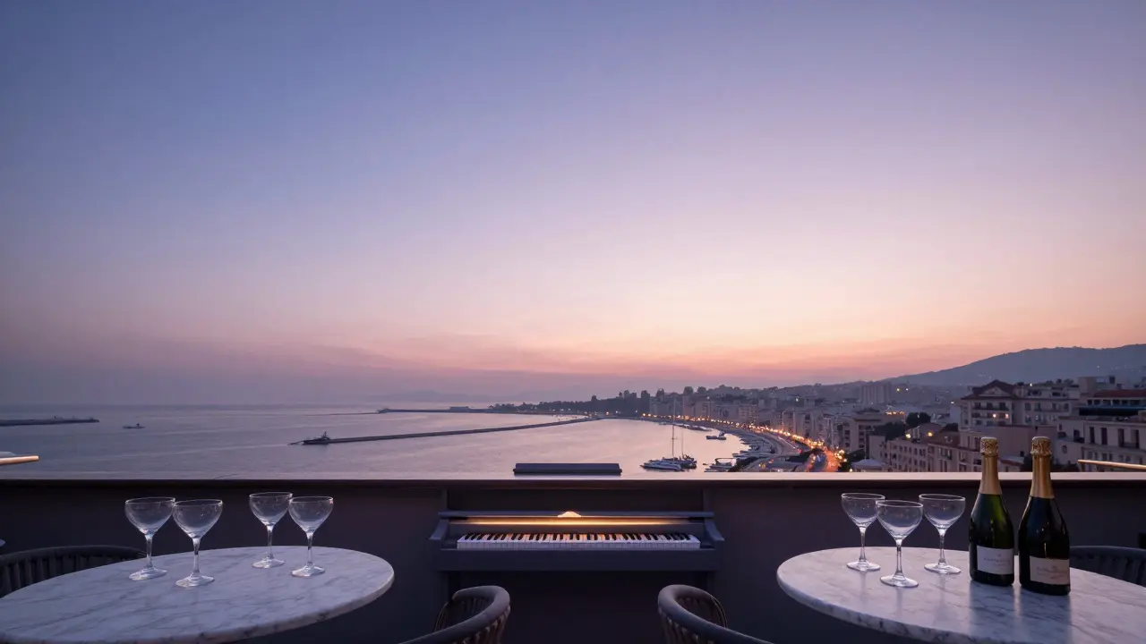 Sunrise over Sky Bar at Fairmont Monte Carlo, empty cocktails and piano key lit by dawn light.