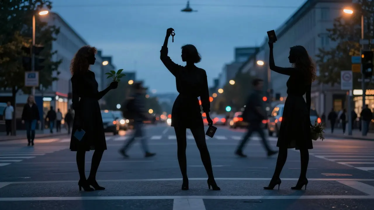 Three silhouetted women at Berlin intersections holding key, passport, and plant, twilight city lights behind them.
