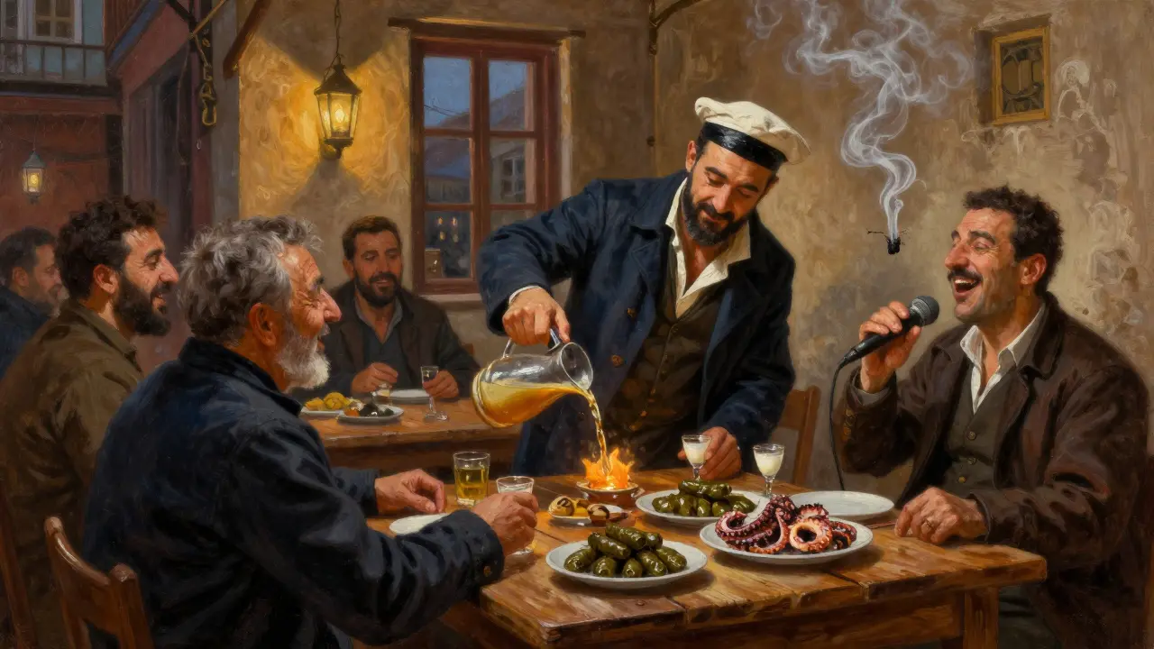 Traditional Turkish tavern at night with raki, meze, and a folk singer under lantern light.