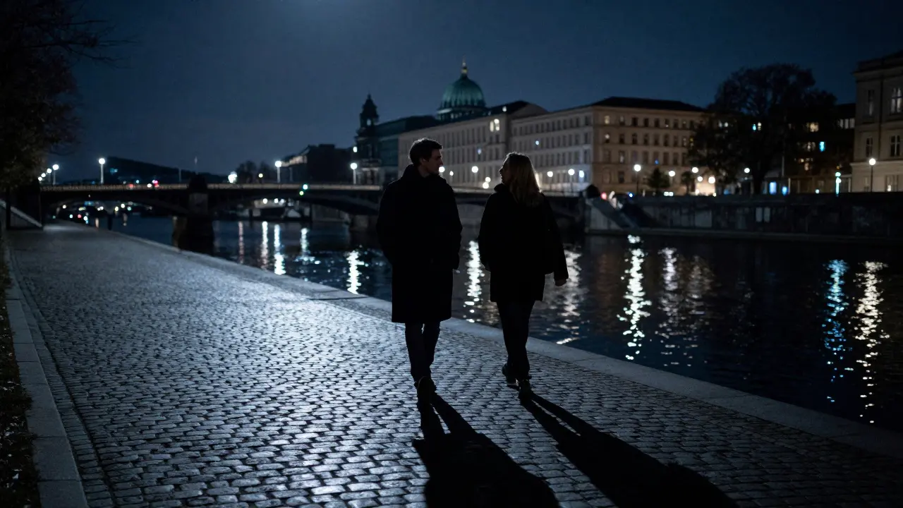 Two figures walking peacefully along the Spree River at night under soft moonlight.