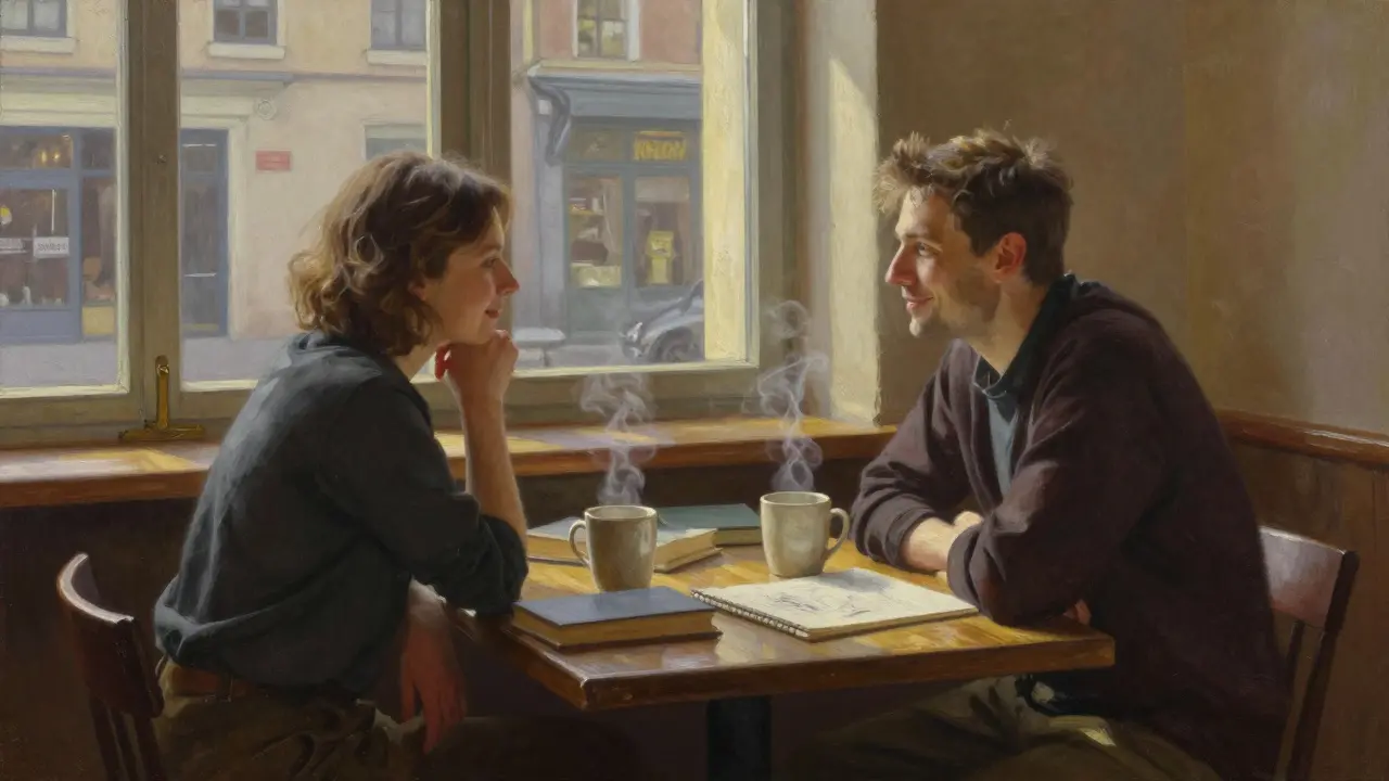 Two people converse warmly in a Kreuzberg café, books and coffee on the table, sunlight streaming through windows.