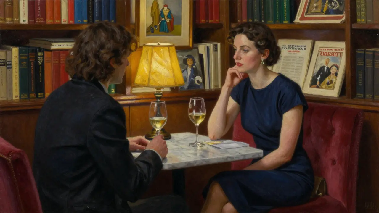 Two people engage in quiet conversation in a refined Parisian lounge, surrounded by books and warm ambient lighting.