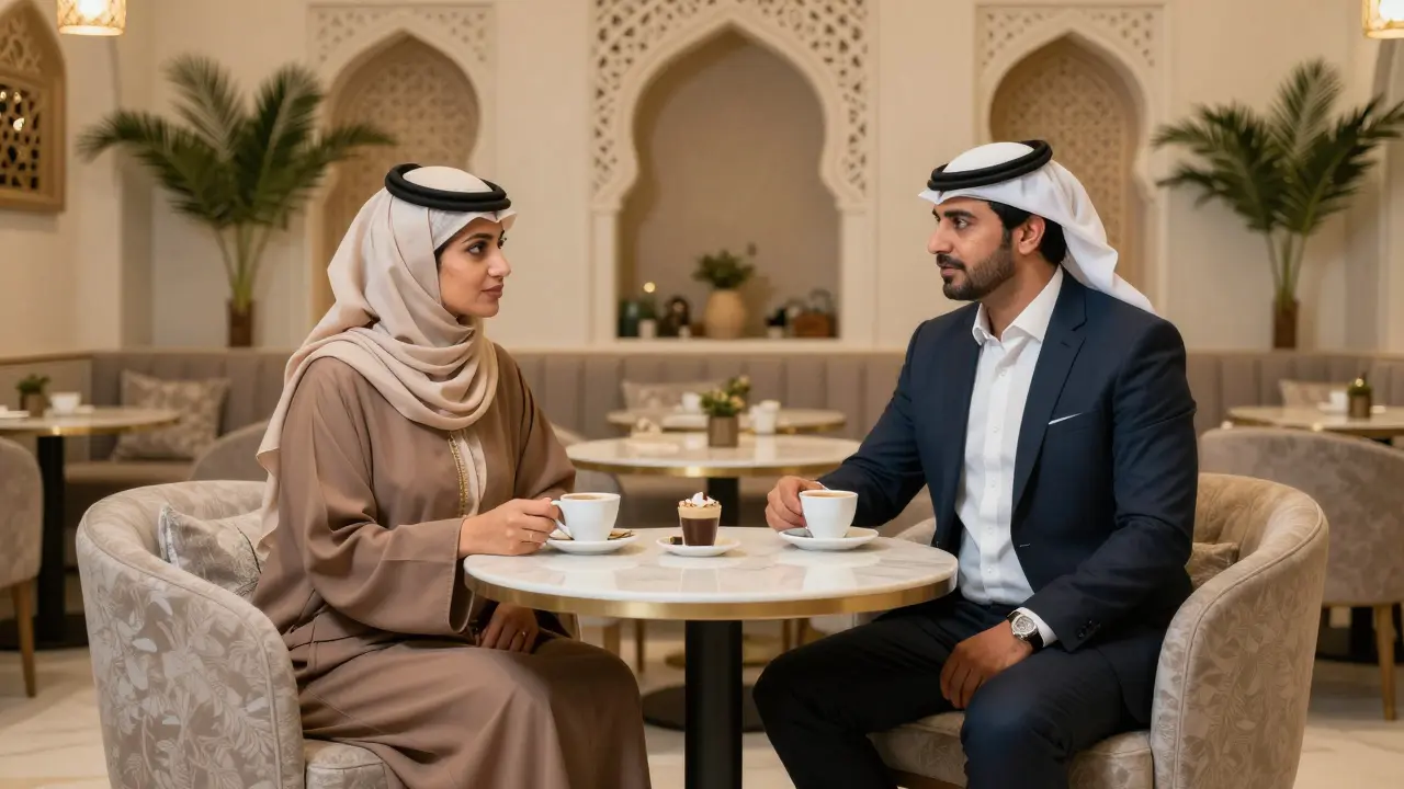 Two people sit respectfully apart in a luxurious lounge, sharing Arabic coffee in a culturally rich setting.