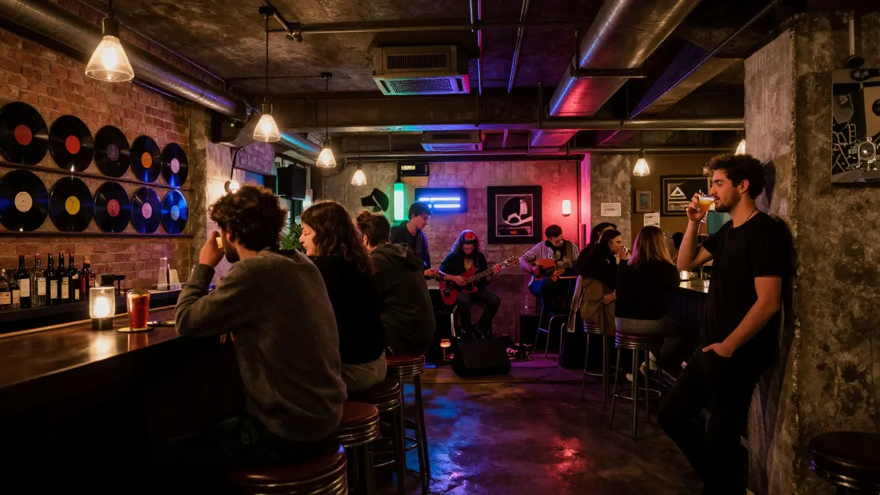 Underground bar in Alserkal Avenue with live music, vinyl records, and moody neon lighting.
