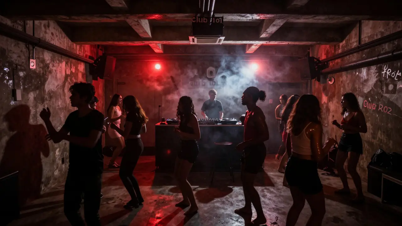 Underground club Club 101 with dancers in dim industrial lighting, no signs or decorations.
