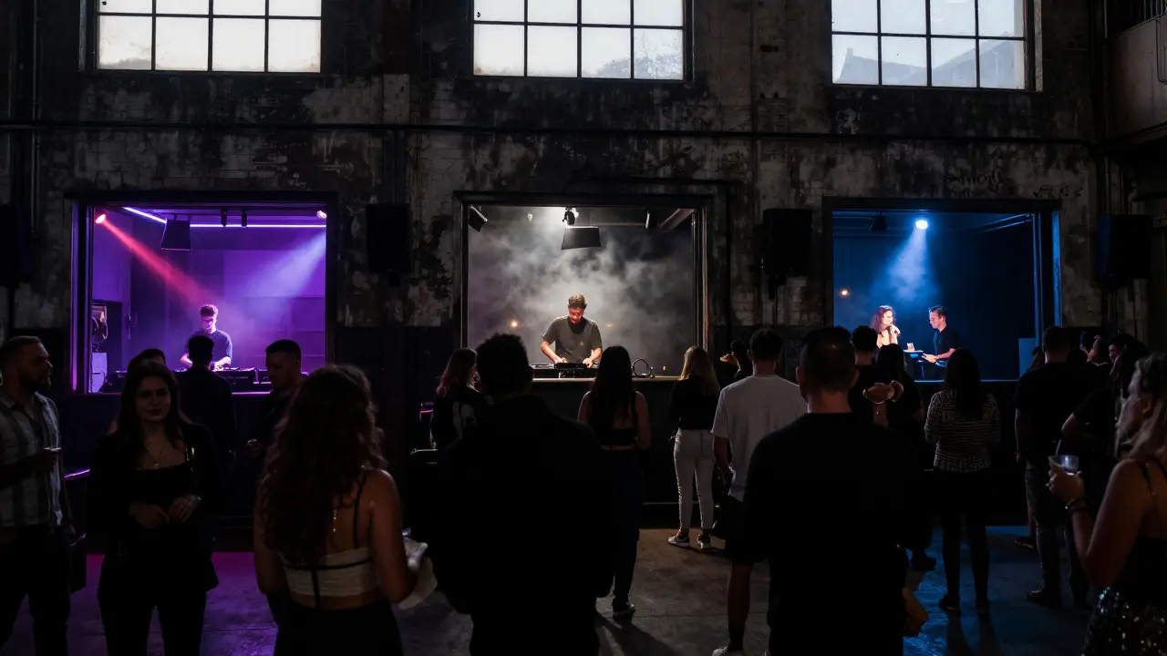 Underground club scene at Alcatraz in Milan with pulsing lights and a vibrant crowd dancing.