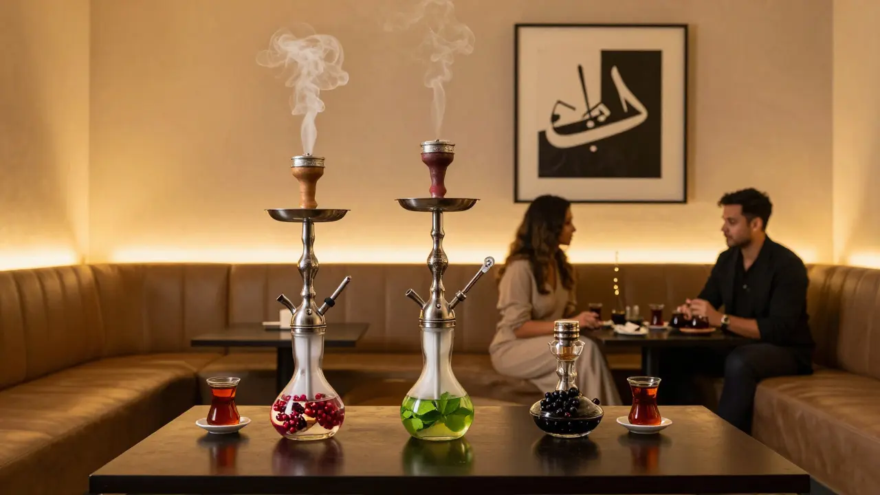 Upscale shisha tasting flight with three flavored pipes on a golden-lit leather sofa setting.