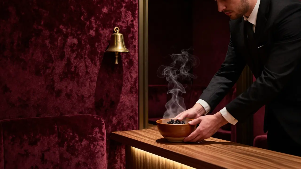 Velvet lounge with a smoky cocktail in a warm ceramic bowl, soft lighting and silence.