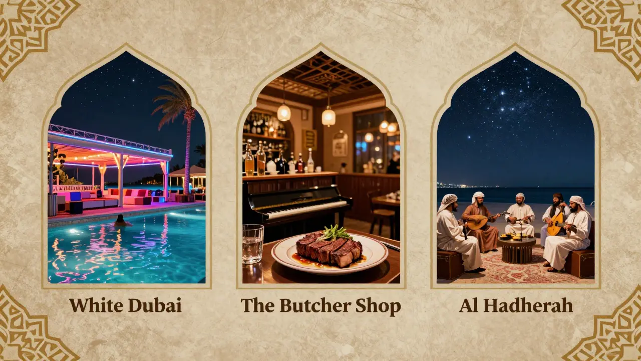 Vintage-style poster showing three Dubai nightlife scenes: beach club, jazz bar, and traditional music circle.