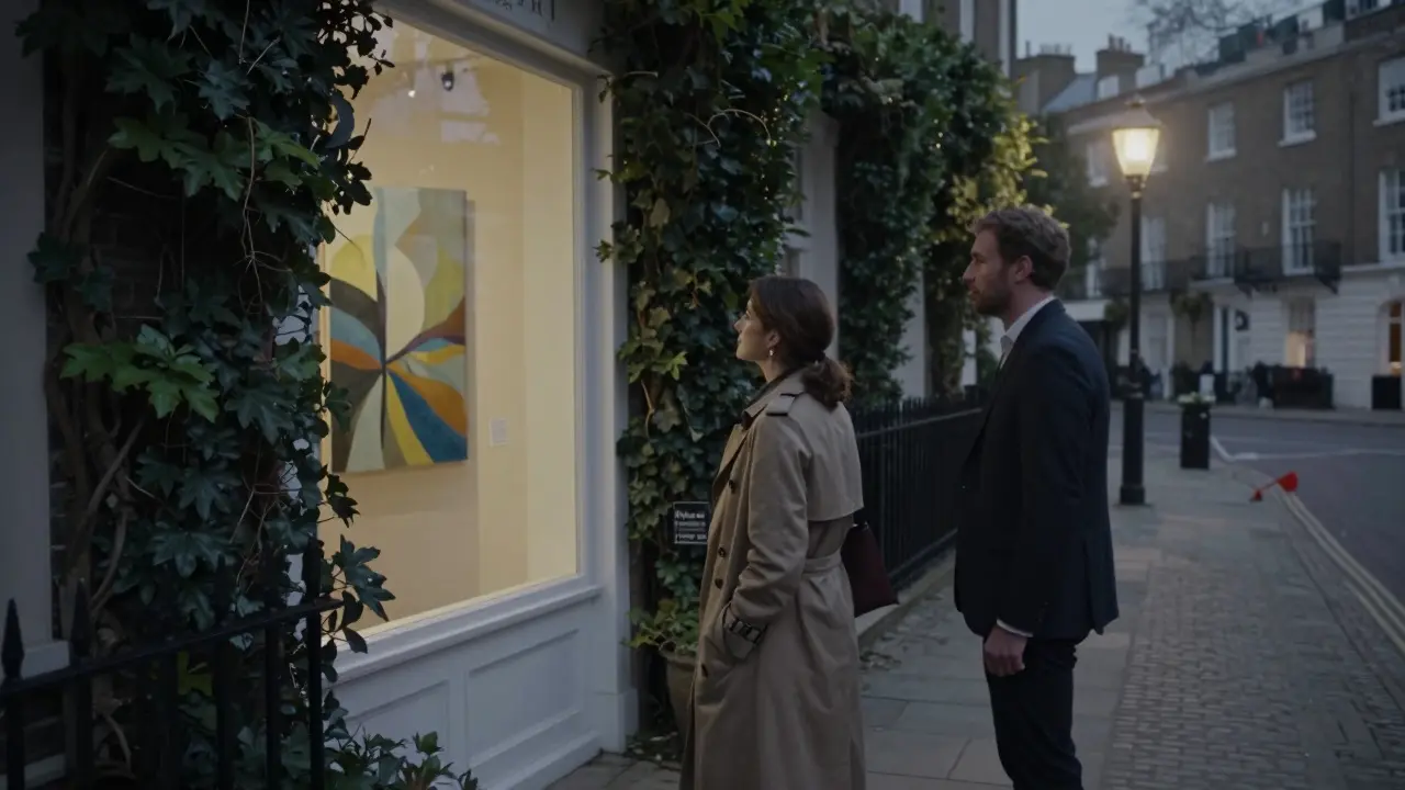 Woman pausing outside an art gallery in Belgravia, sharing a silent moment of recognition.