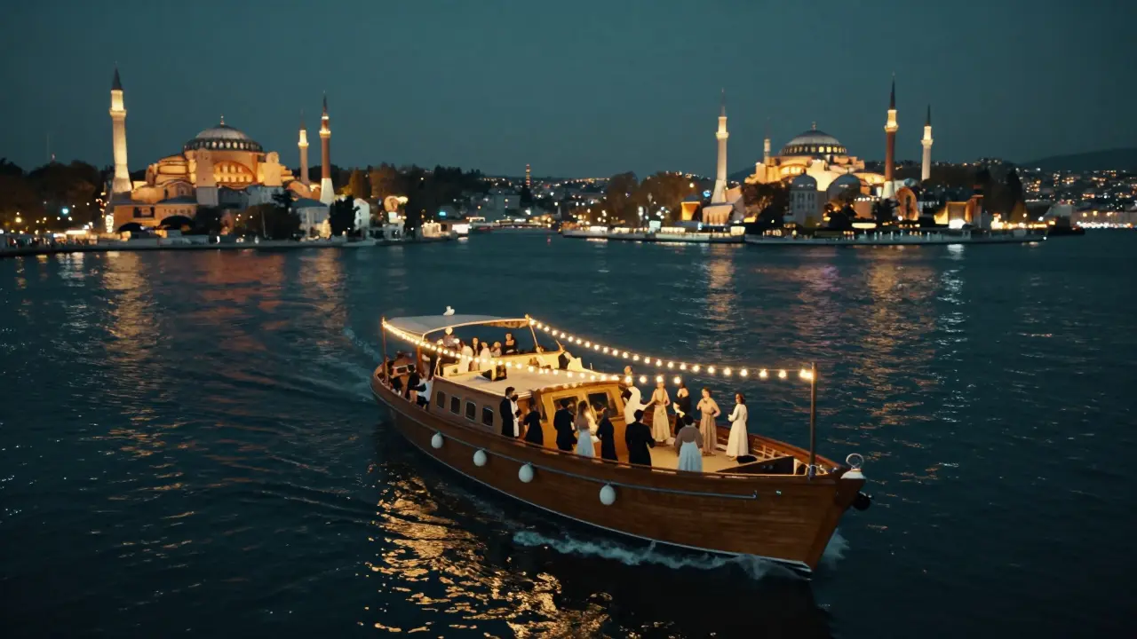 A boat party on the Bosphorus at midnight, with dancers on deck and historic mosques glowing on the shores.