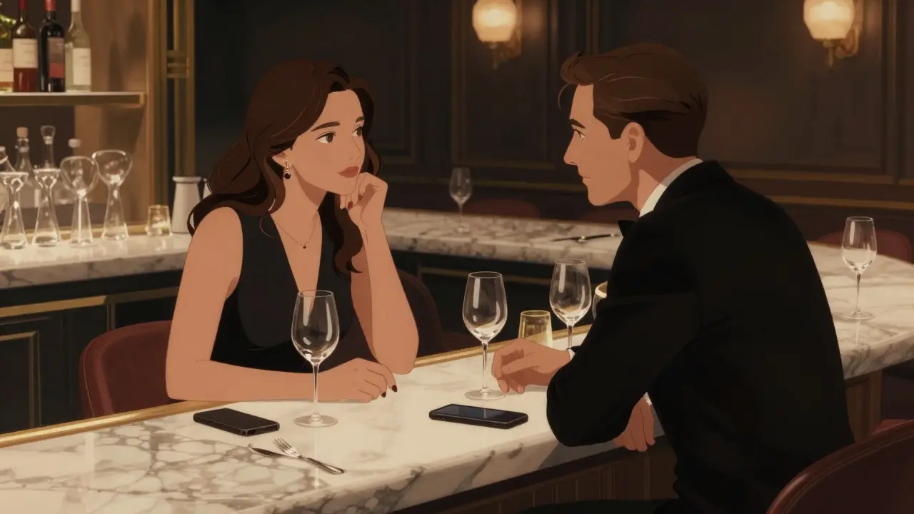 A client and escort share a quiet, respectful conversation in a sophisticated Milanese bar.