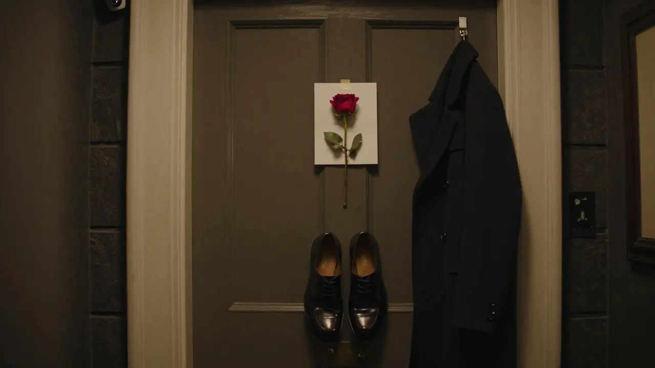 A closed hotel room door with a rose and note left outside, symbolizing a respectful end to an encounter.