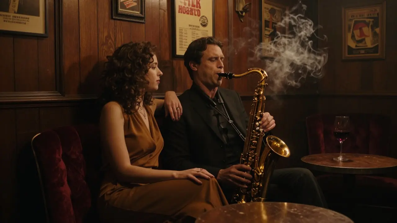 A couple enjoys jazz in a dimly lit underground club, surrounded by warm shadows and smoke.
