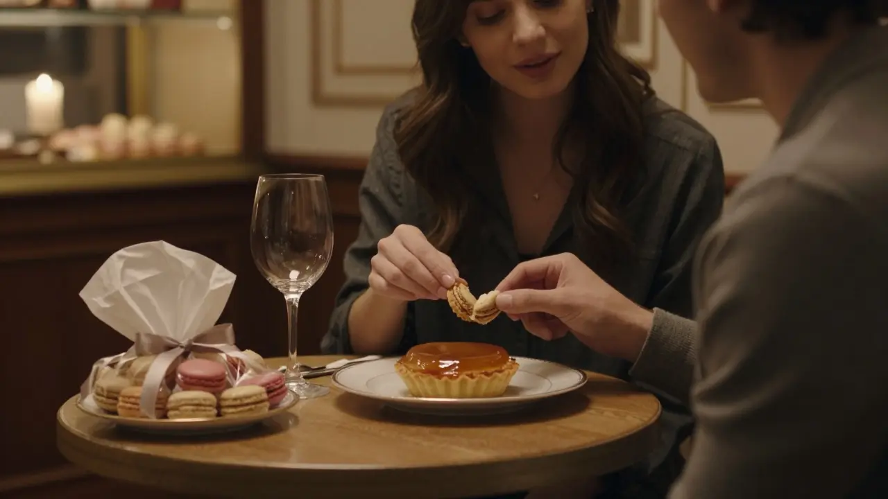 A couple shares a warm tarte Tatin in a cozy, candlelit patisserie at night.
