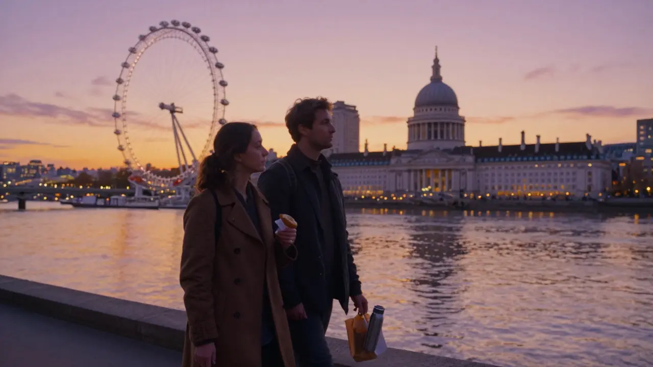 A couple walking along the Thames at sunset, silhouetted against the glowing London skyline.