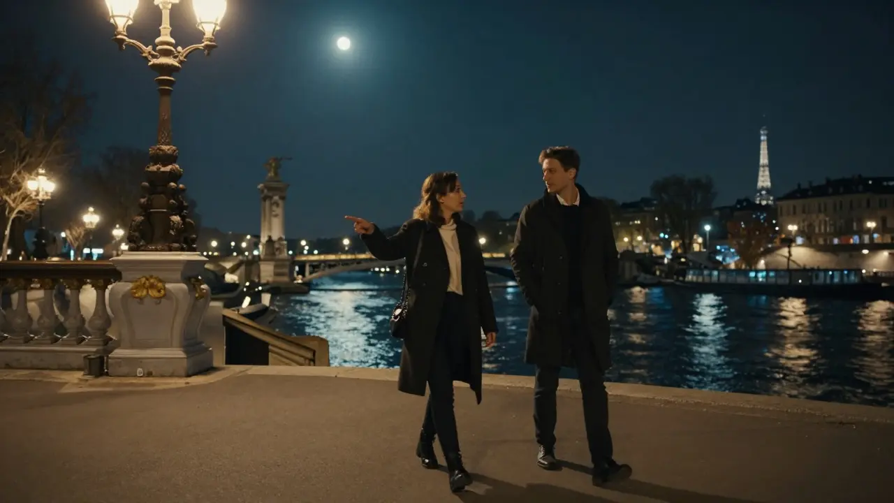 A couple walking peacefully along the Seine under the glow of the Pont Alexandre III.