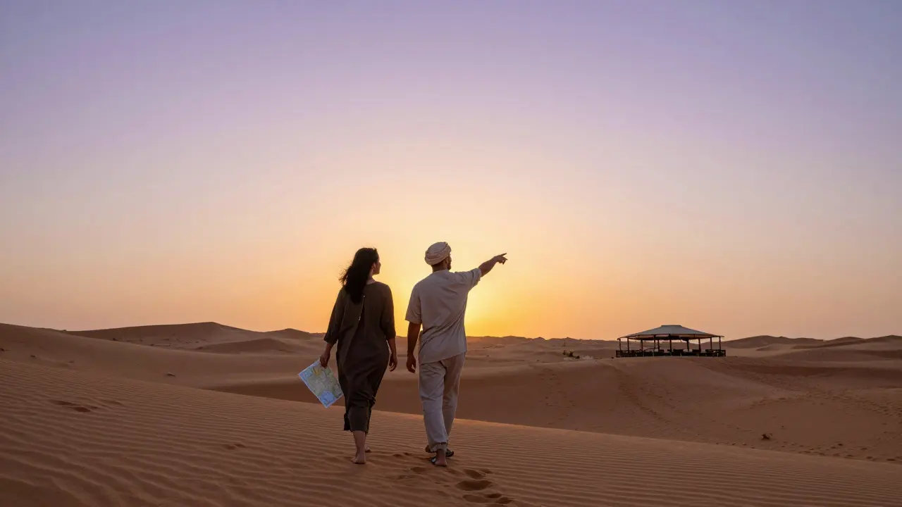 A couple walking peacefully at sunset on Abu Dhabi desert dunes, approaching a quiet oasis café.
