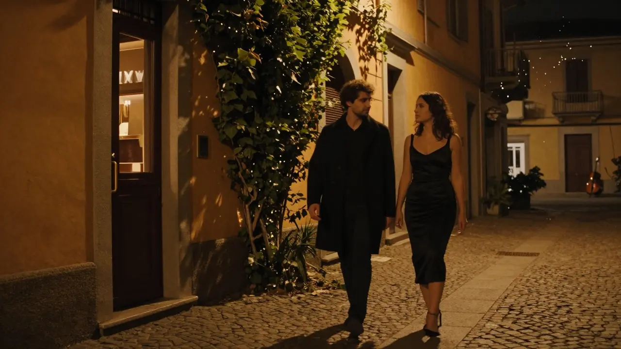 A couple walking through a dimly lit alley in Brera at night.