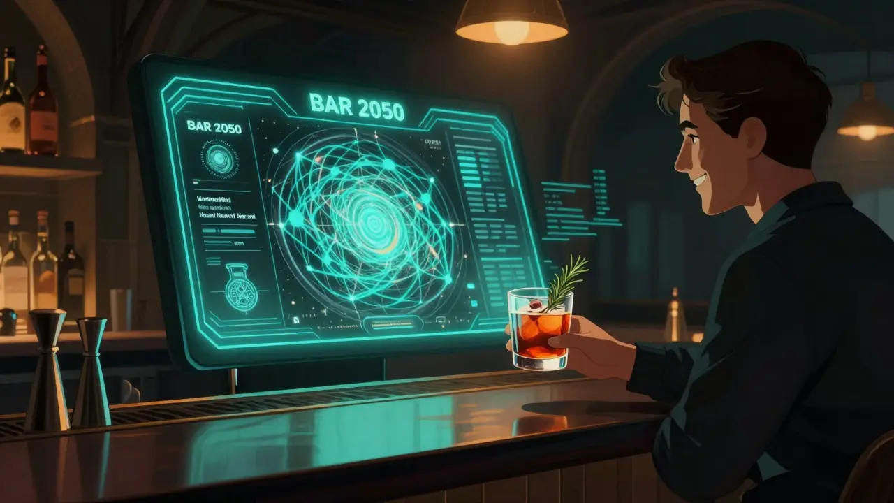 A customer receiving an AI-suggested cocktail at Bar 2050 with glowing neural network visuals in the background.