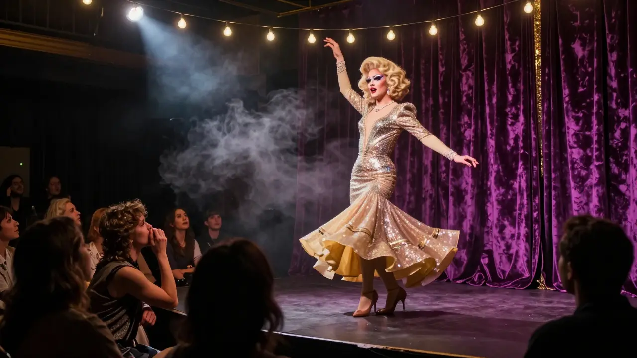 A dazzling drag performer on stage under string lights, audience captivated by a theatrical show in Paris.