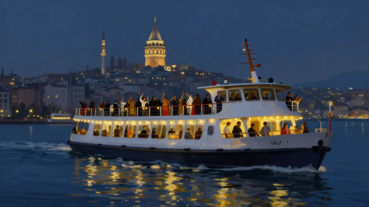 A ferry party on the Bosphorus with people singing under string lights as city lights reflect on the water.