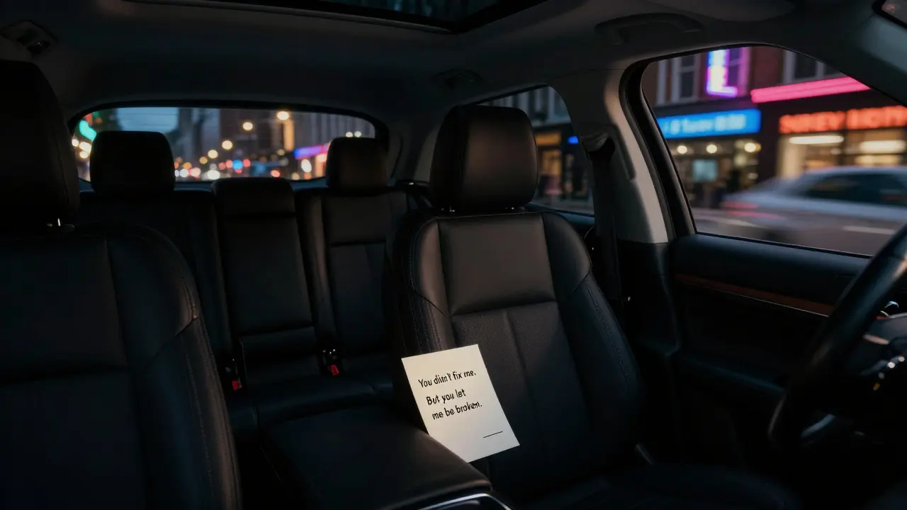 A glowing thank-you note rests alone in a luxury SUV, symbolizing emotional connection without presence.