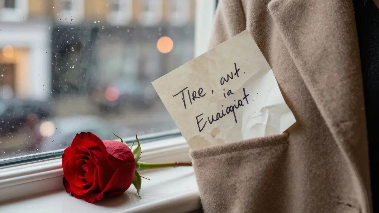 A handwritten note and a single rose resting on a windowsill with city lights reflecting in the glass.
