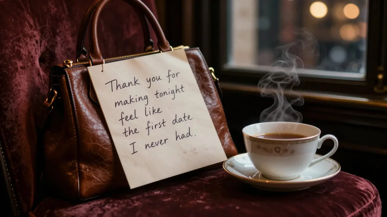 A handwritten note left in a handbag in a dim speakeasy, a tea cup beside it, soft light glowing.